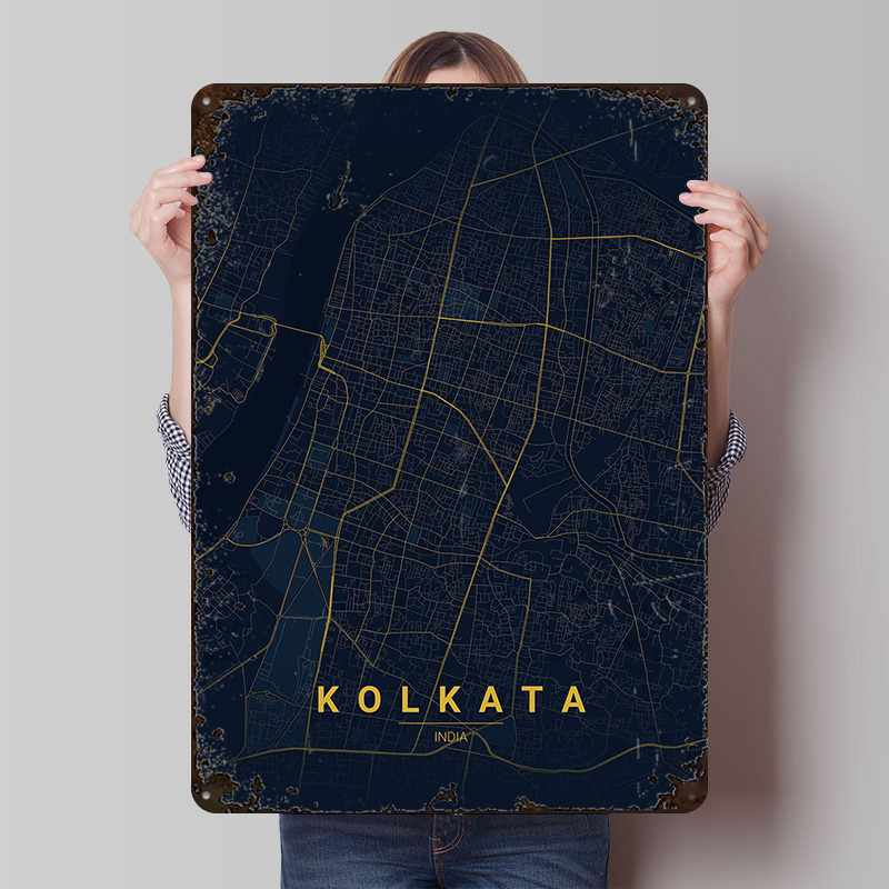 Retro Gaming India - Kolkata India Map Art Tinplate Poster
